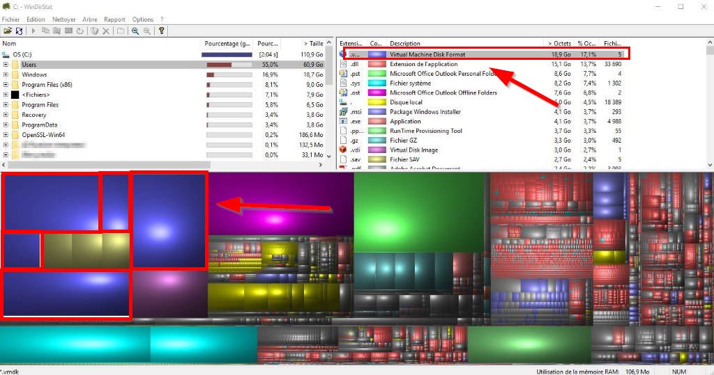 WinDirStat - Espace disque par extension de fichier