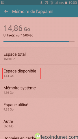 Android - Espace utilisé