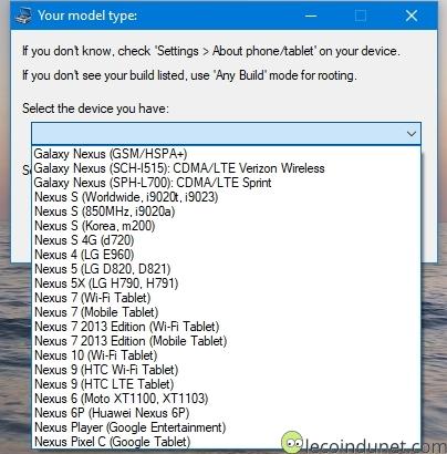 Choix du modèle - Nexus Root Toolkit