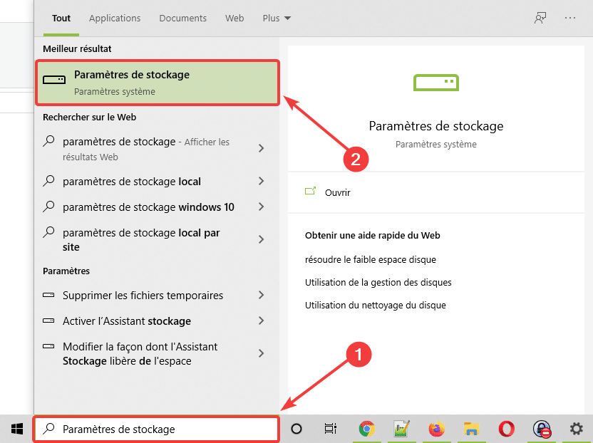 Paramètres de stockage Windows 10
