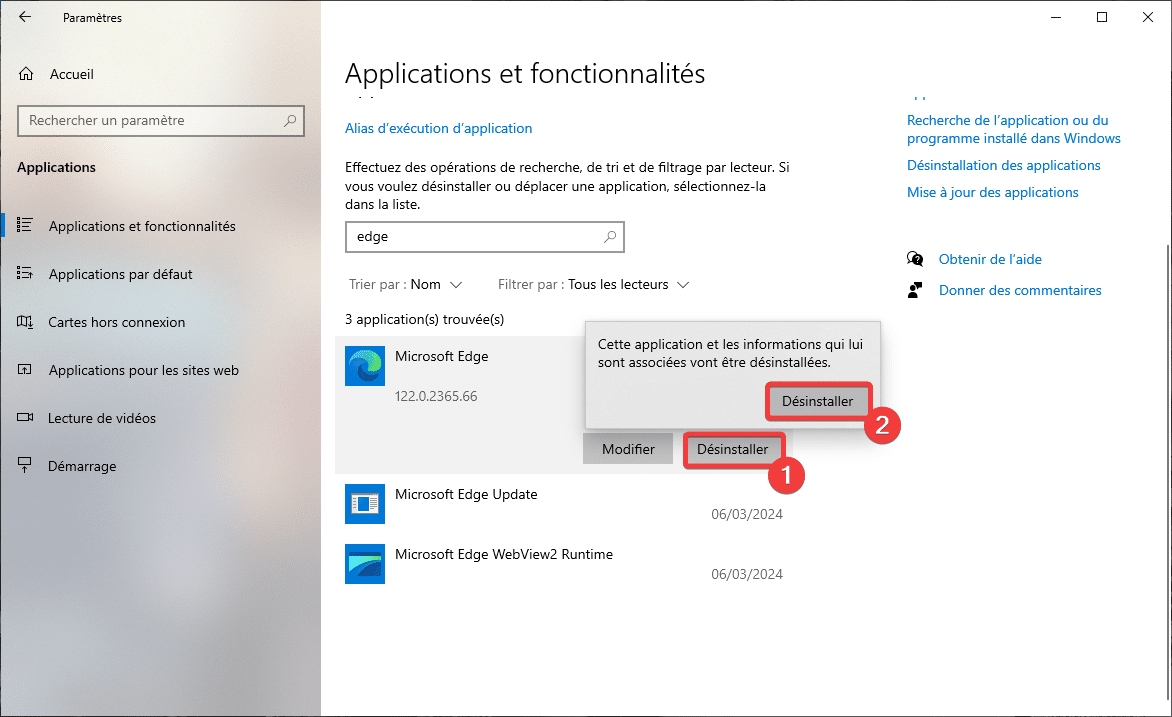 Bouton Désinstaller Microsoft Edge