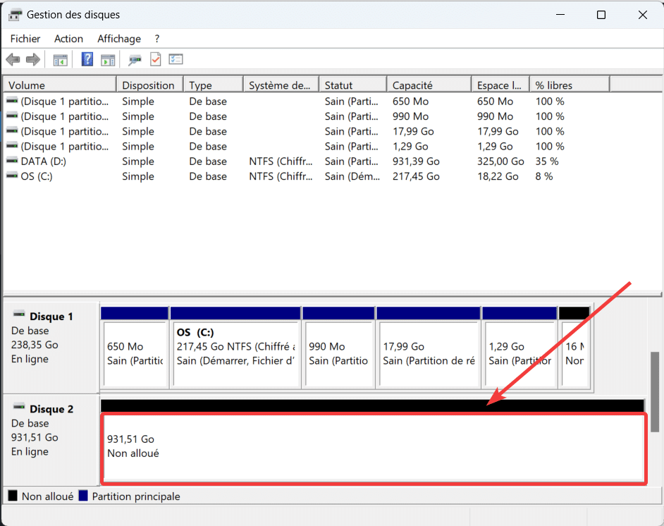 Vérification partition EFI dans gestion des disques