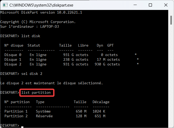 diskpart list partition