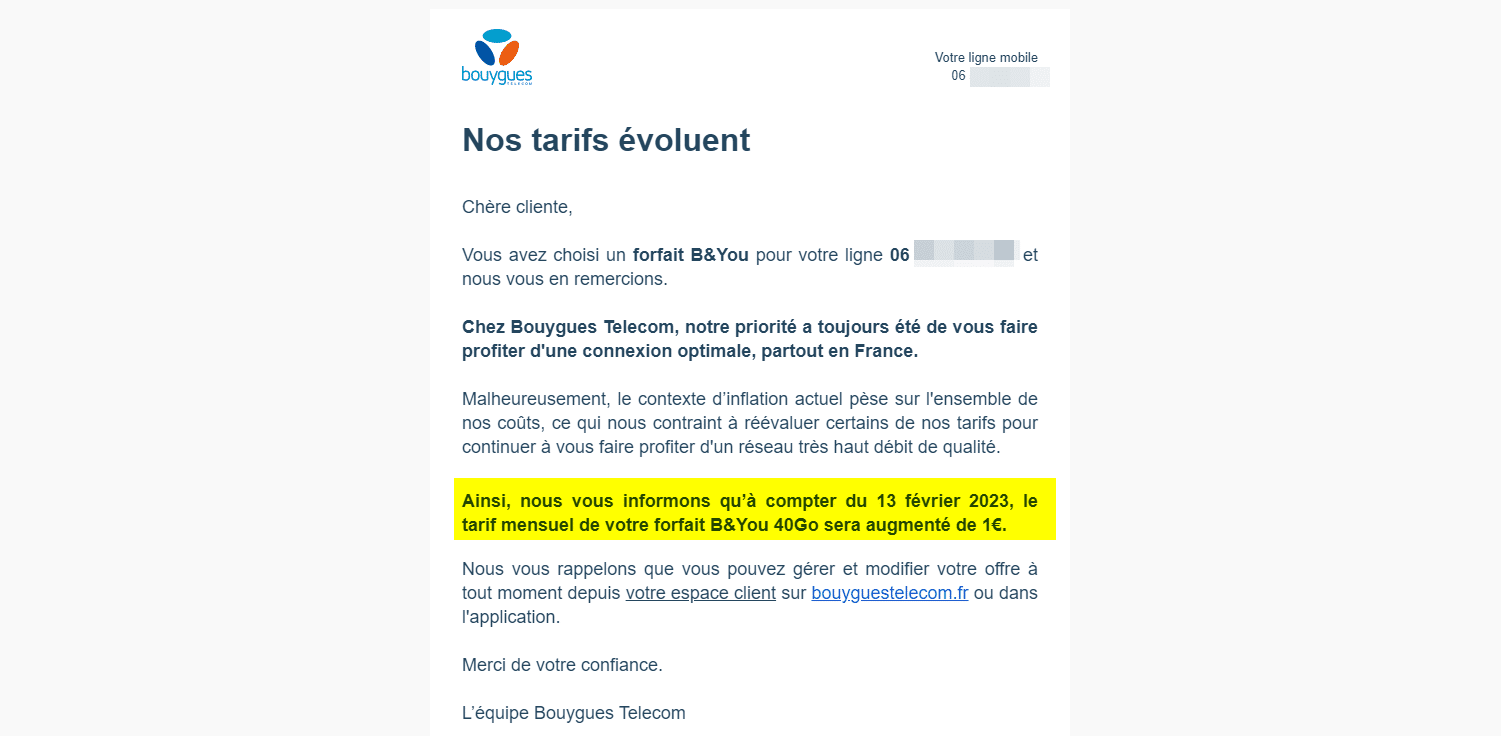 Ancien E-mail de Bouygues Telecom annonçant l'augmentation du forfait B&You à compter du 13 février 2023